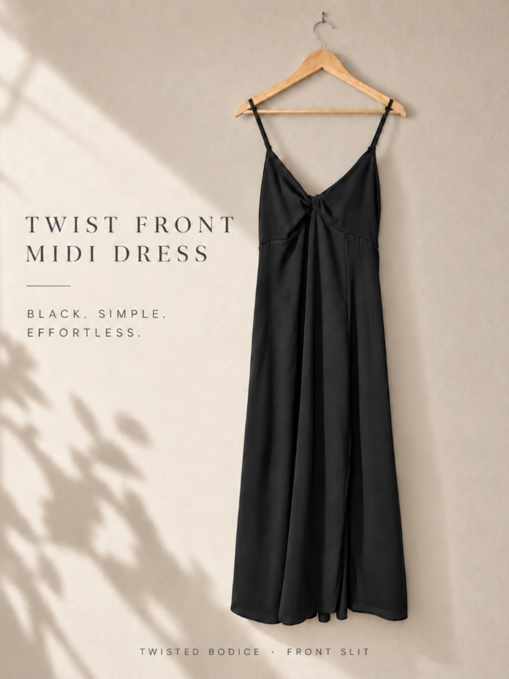 Black Twist Front Midi Dress with Slit & Smocked Back